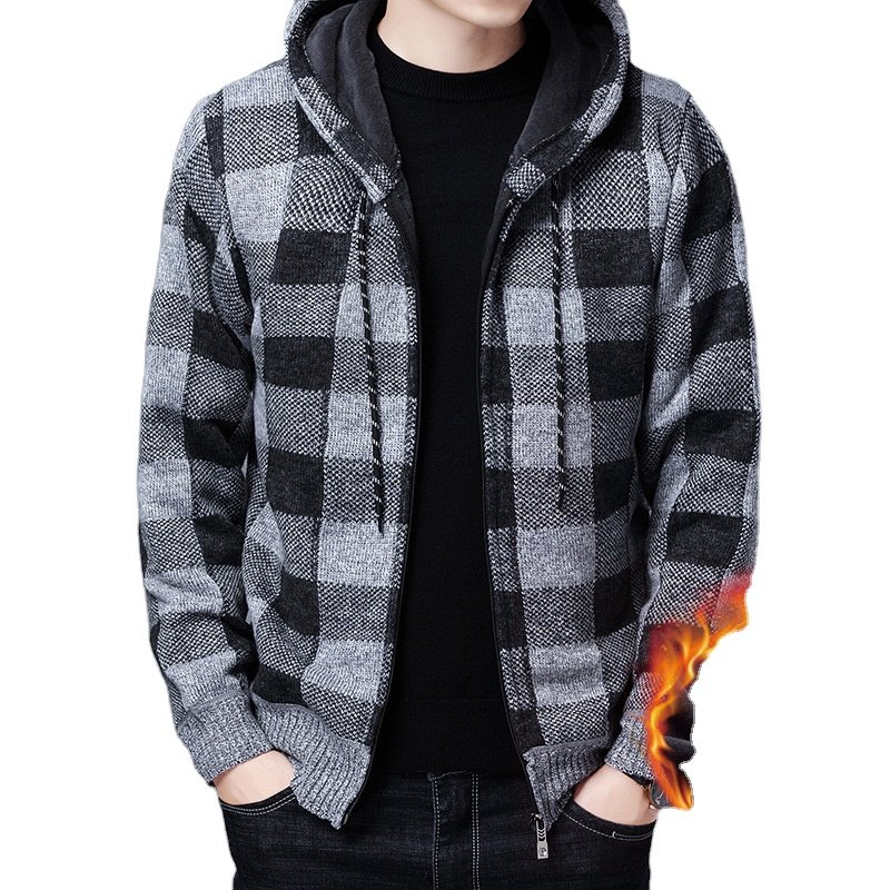 Men Thick Warm Wool Zipper Fleece Sweater with Hood - Aungwinter