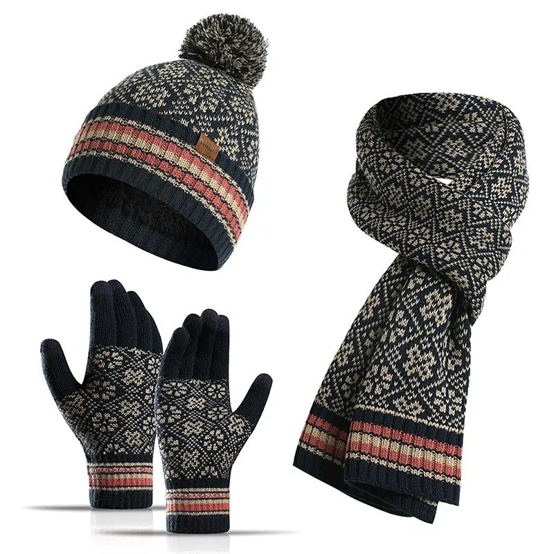 Set de bonnets épais tricotés pour femmes, écharpe, bonnet et gants-04