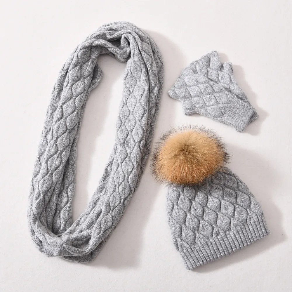 Winter Beanie Mütze Schal Handschuhe Sets 3 Stück-09