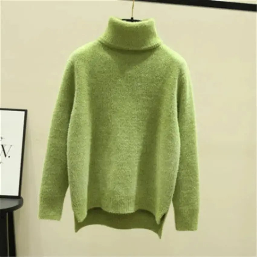 Suéteres de mujer Otoño Invierno Suéter de punto con cable Medio cuello  alto Manga larga Ropa de punto cálida Jersey Mujer Moda Verde Lindo  Streetwear